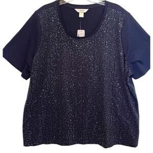 CJ Banks Sequin Top Womens Size 1X Navy Blue Short Sleeve Relaxed Tee